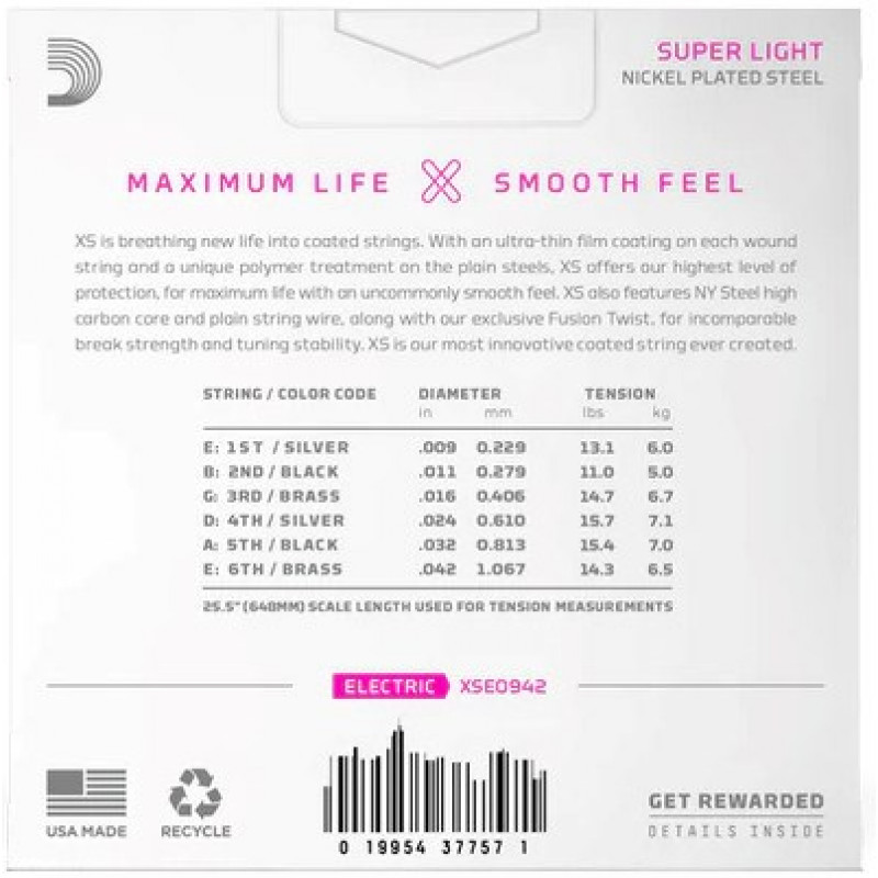 D'Addario XSE0942 sähkökitaran kielet, Super Light 9–42