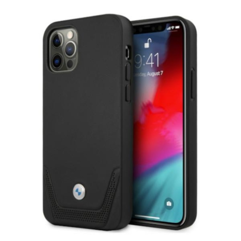 BMW BMHCP12LRSWPK Perforate nahkainen kova suojakuori laitteelle Apple iPhone 12 Pro Max, musta