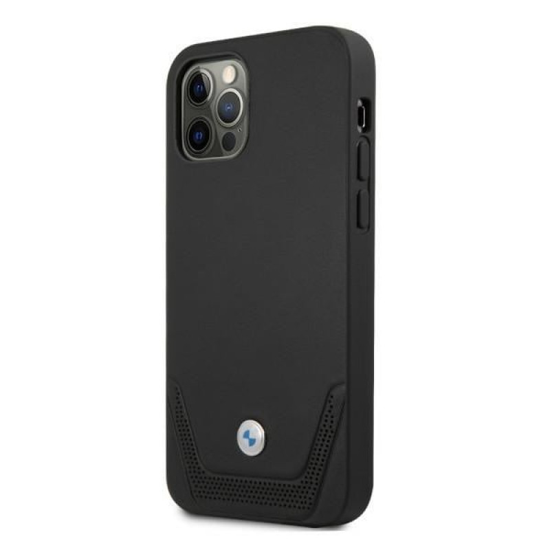 BMW BMHCP12LRSWPK Perforate nahkainen kova suojakuori laitteelle Apple iPhone 12 Pro Max, musta