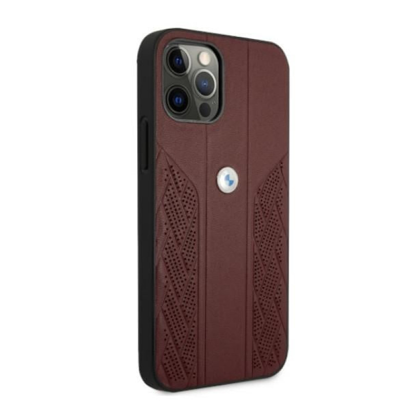 BMW BMHCP12LRSPPR Curve Perforate nahkainen kova suojakuori laitteelle Apple iPhone 12 Pro Max, punainen