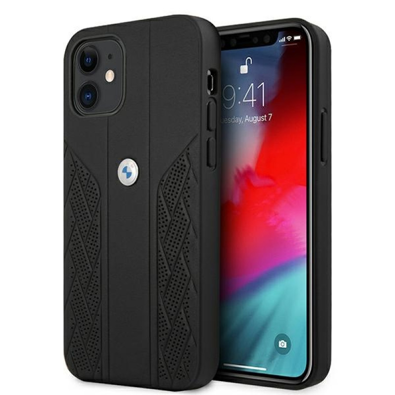 BMW BMHCP12SRSPPK Curve Perforate nahkainen kova suojakuori laitteelle Apple iPhone 12 mini, musta