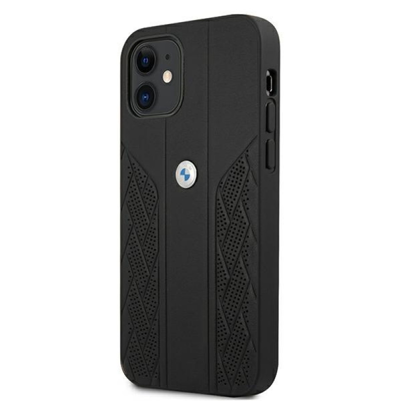 BMW BMHCP12SRSPPK Curve Perforate nahkainen kova suojakuori laitteelle Apple iPhone 12 mini, musta