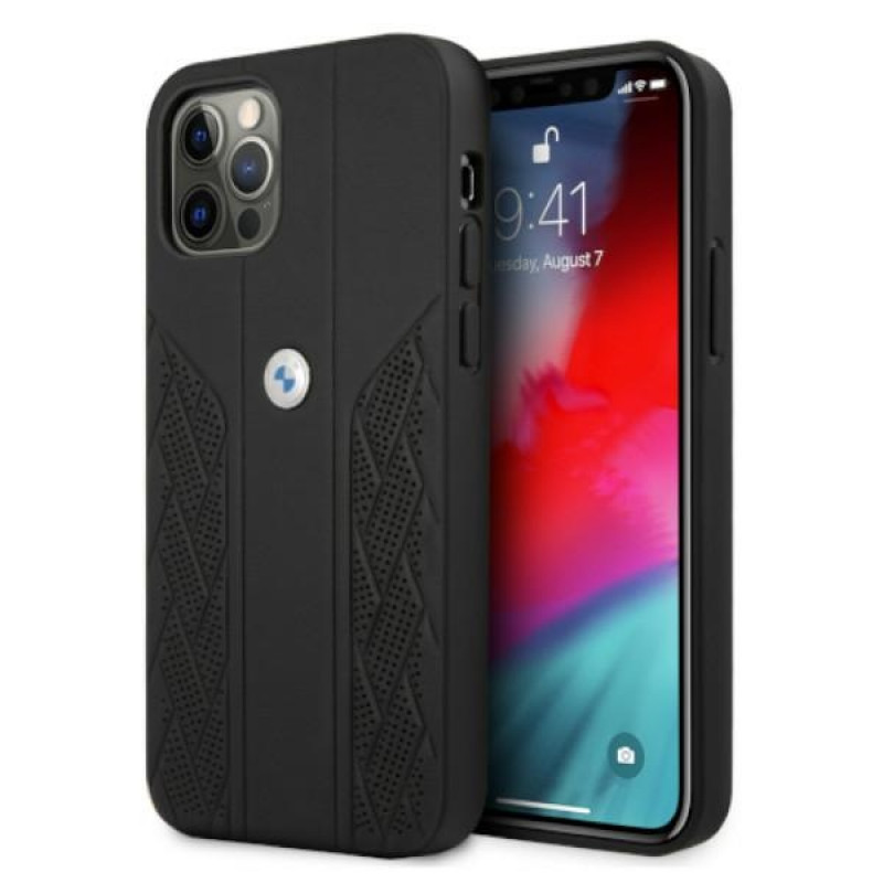 BMW BMHCP12MRSPPK Curve Perforate nahkainen kova suojakuori laitteelle Apple iPhone 12 / 12 Pro, musta