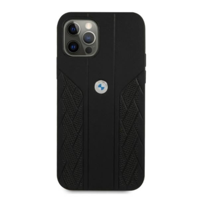 BMW BMHCP12MRSPPK Curve Perforate nahkainen kova suojakuori laitteelle Apple iPhone 12 / 12 Pro, musta