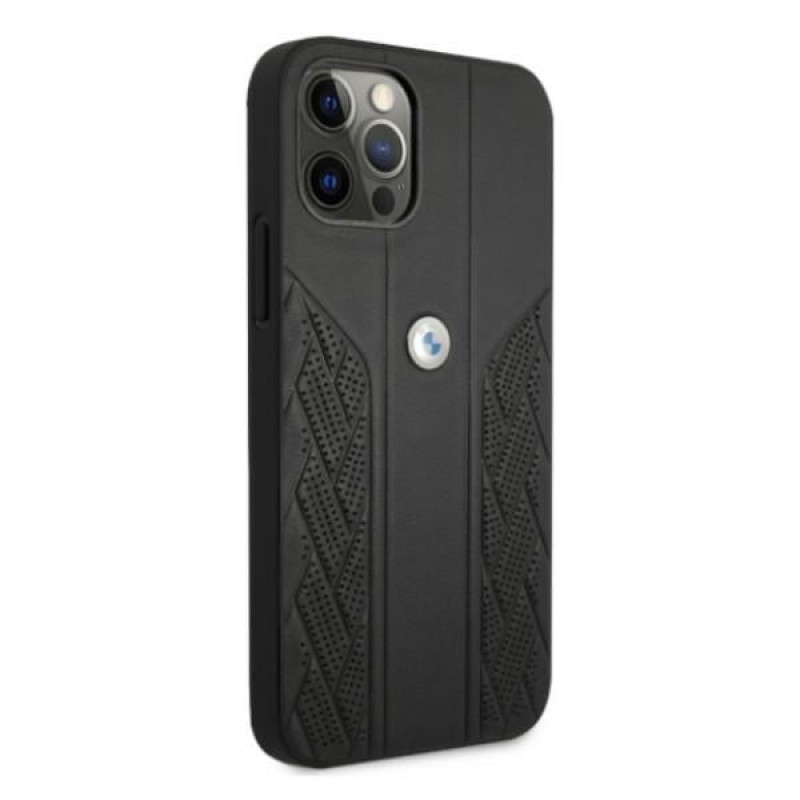 BMW BMHCP12MRSPPK Curve Perforate nahkainen kova suojakuori laitteelle Apple iPhone 12 / 12 Pro, musta