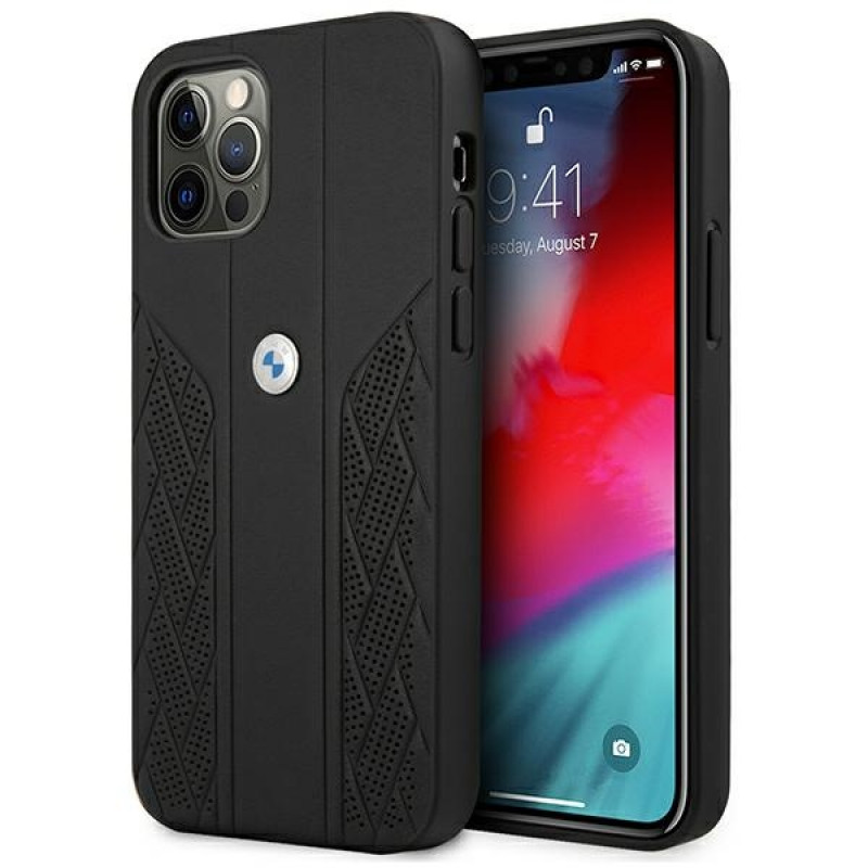 BMW BMHCP12LRSPPK Curve Perforate nahkainen kova suojakuori laitteelle Apple iPhone 12 Pro Max, musta