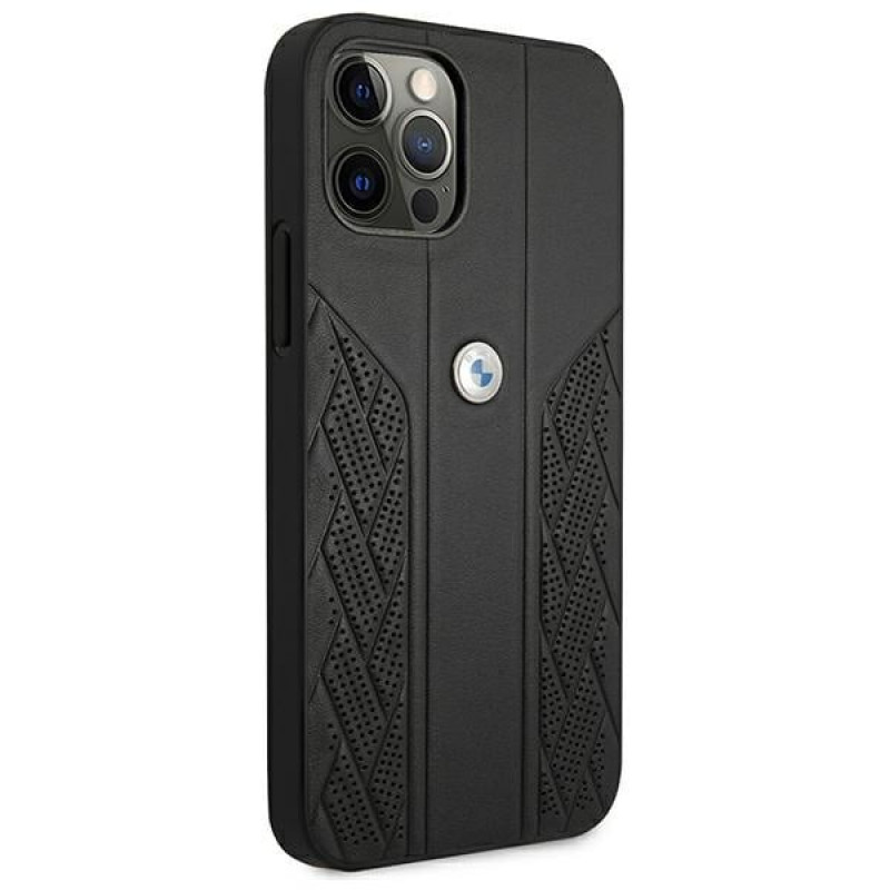 BMW BMHCP12LRSPPK Curve Perforate nahkainen kova suojakuori laitteelle Apple iPhone 12 Pro Max, musta