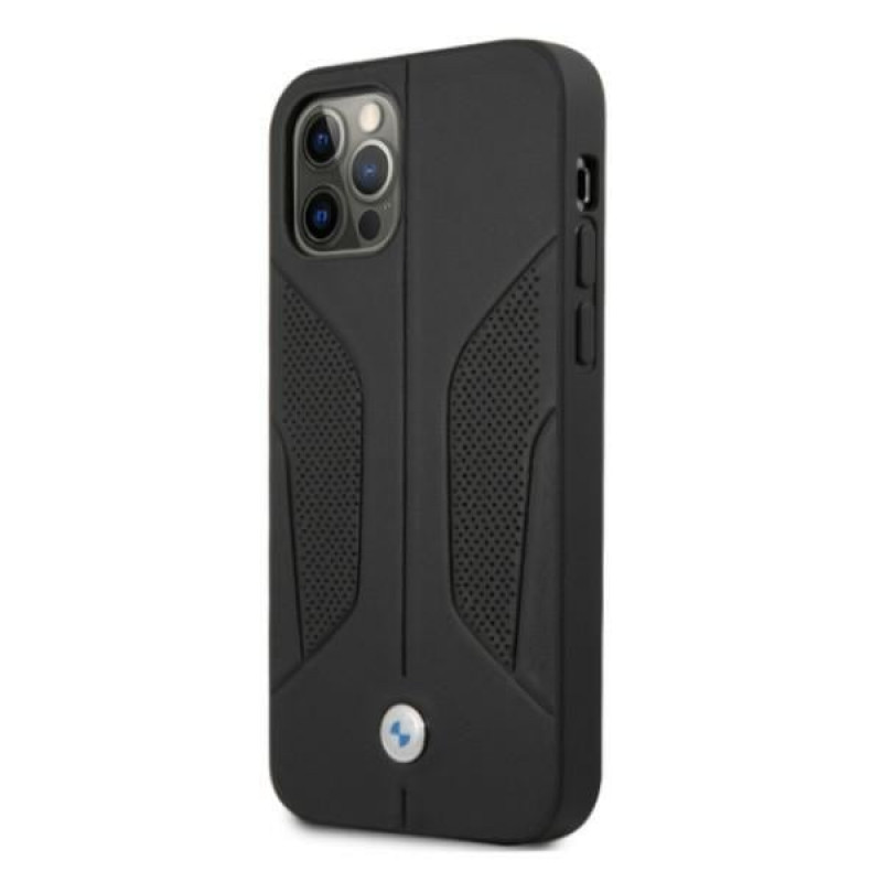 BMW BMHCP12MRSCSK Perforate Sides nahkainen kova suojakuori laitteelle Apple iPhone 12 / 12 Pro, musta