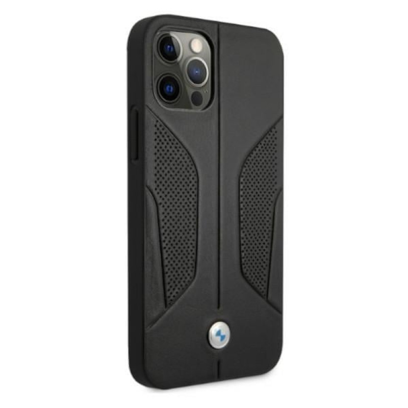 BMW BMHCP12MRSCSK Perforate Sides nahkainen kova suojakuori laitteelle Apple iPhone 12 / 12 Pro, musta