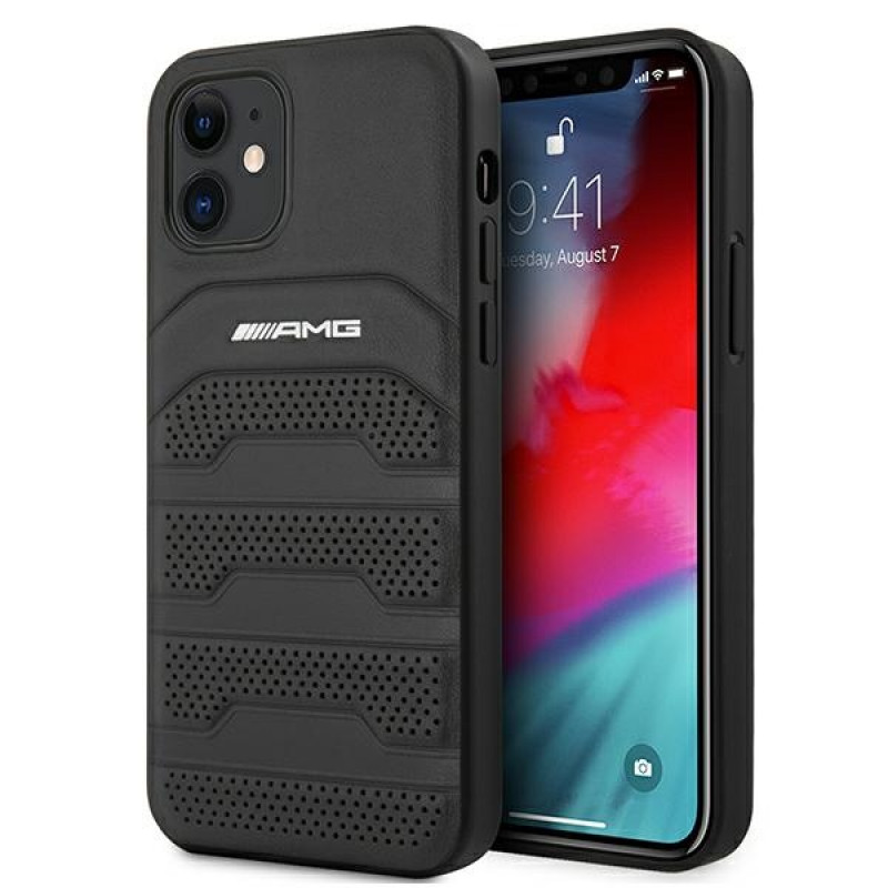 Mercedes-AMG AMHCP12SGSEBK Leather Debossed Lines kova suojakuori Apple iPhone 12 mini -puhelimelle, musta