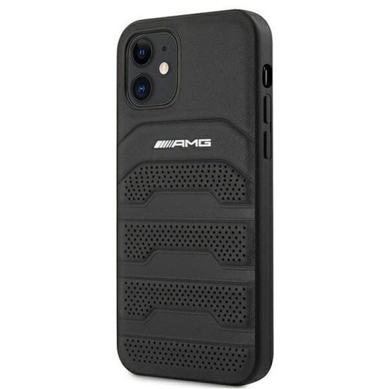 Mercedes-AMG AMHCP12SGSEBK Leather Debossed Lines kova suojakuori Apple iPhone 12 mini -puhelimelle, musta
