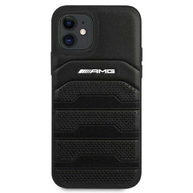 Mercedes-AMG AMHCP12SGSEBK Leather Debossed Lines kova suojakuori Apple iPhone 12 mini -puhelimelle, musta
