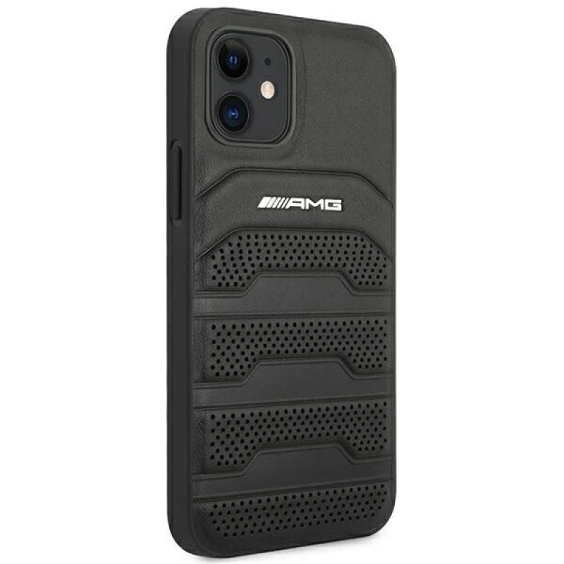 Mercedes-AMG AMHCP12SGSEBK Leather Debossed Lines kova suojakuori Apple iPhone 12 mini -puhelimelle, musta