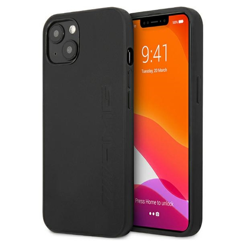 Mercedes-AMG AMHCP13MDOLBK Leather Hot Stamped kova suojakuori Apple iPhone 13 -puhelimelle, musta