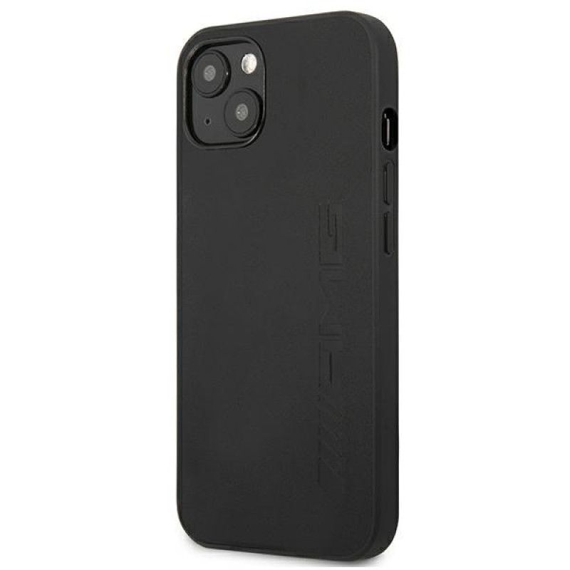 Mercedes-AMG AMHCP13MDOLBK Leather Hot Stamped kova suojakuori Apple iPhone 13 -puhelimelle, musta