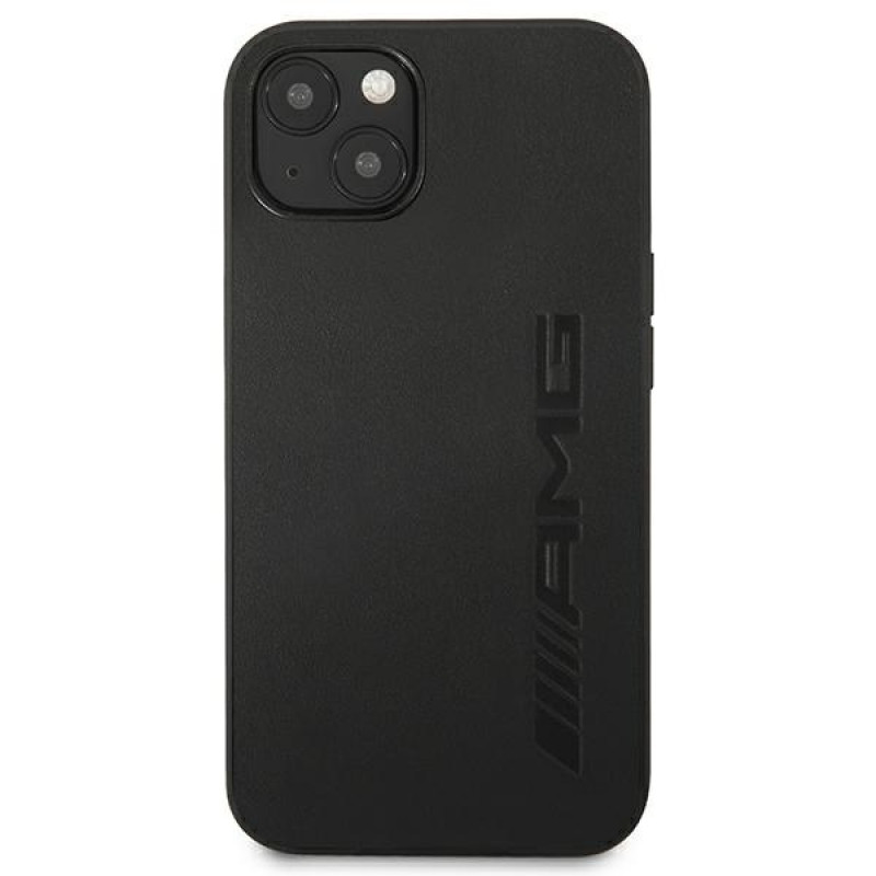 Mercedes-AMG AMHCP13MDOLBK Leather Hot Stamped kova suojakuori Apple iPhone 13 -puhelimelle, musta