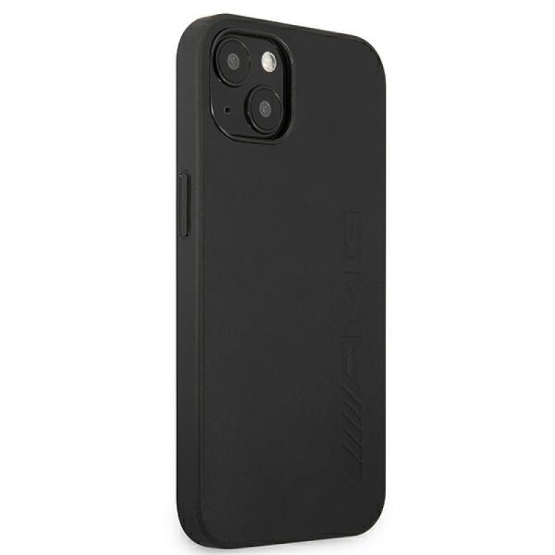 Mercedes-AMG AMHCP13MDOLBK Leather Hot Stamped kova suojakuori Apple iPhone 13 -puhelimelle, musta