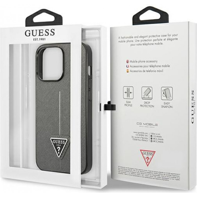Guess GUHCP13LPSATLG kova suojakuori Apple iPhone 13 Pro -puhelimelle, Saffiano Triangle Logo, hopea