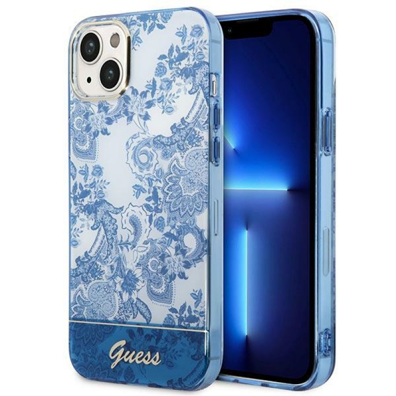 Guess GUHCP14MHGPLHB kova suojakuori Apple iPhone 14 Plus / 15 Plus -puhelimelle, Porcelain Collection, sininen