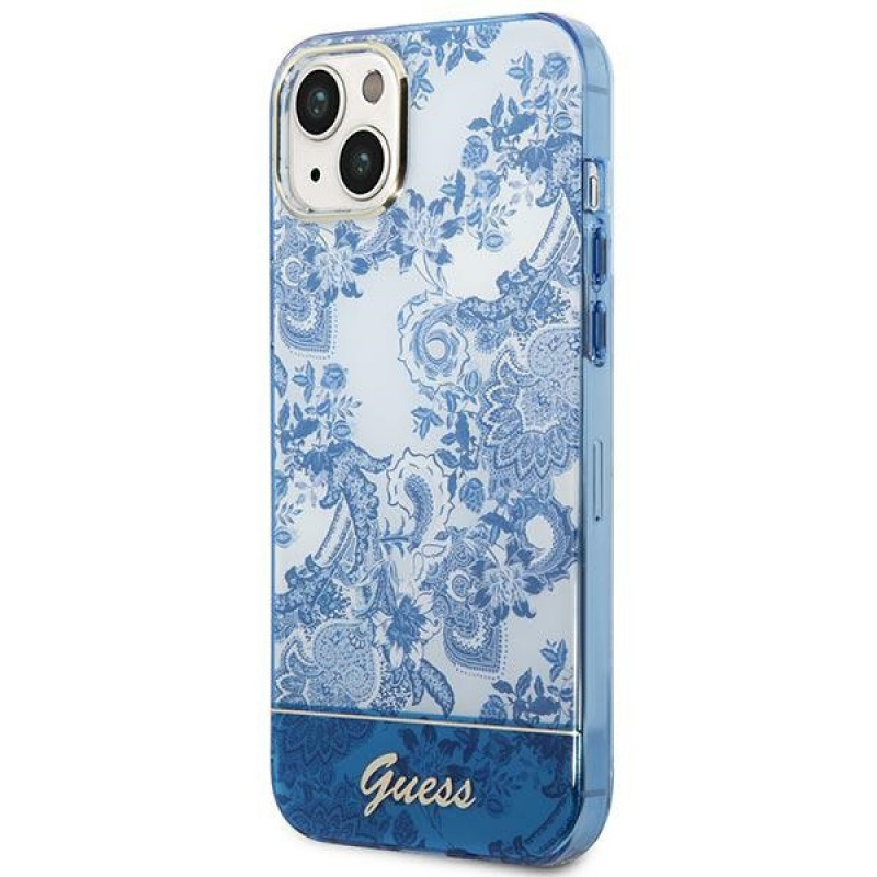 Guess GUHCP14MHGPLHB kova suojakuori Apple iPhone 14 Plus / 15 Plus -puhelimelle, Porcelain Collection, sininen