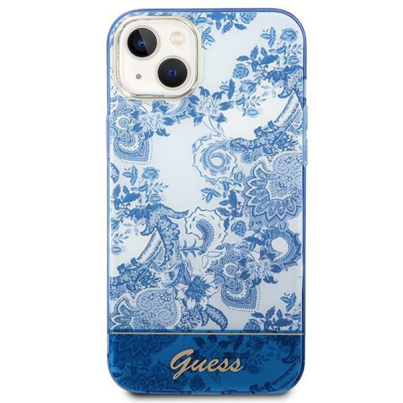 Guess GUHCP14MHGPLHB kova suojakuori Apple iPhone 14 Plus / 15 Plus -puhelimelle, Porcelain Collection, sininen