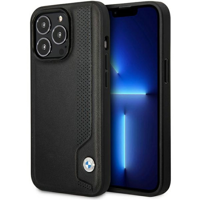 BMW BMHCP14L22RBDK Leather Blue Dots kova suojakuori puhelimelle iPhone 14 Pro 6,1", musta