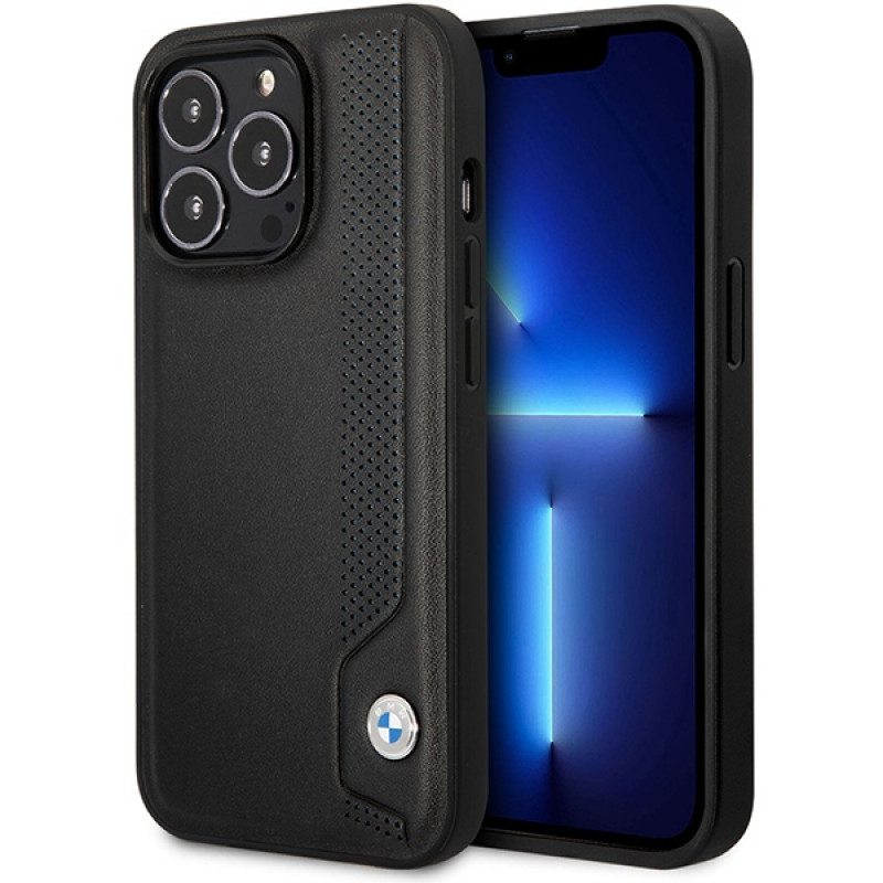 BMW BMHCP14X22RBDK Leather Blue Dots kova suojakuori puhelimelle iPhone 14 Pro Max 6,7", musta