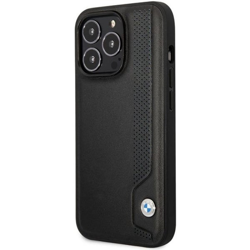 BMW BMHCP14X22RBDK Leather Blue Dots kova suojakuori puhelimelle iPhone 14 Pro Max 6,7", musta