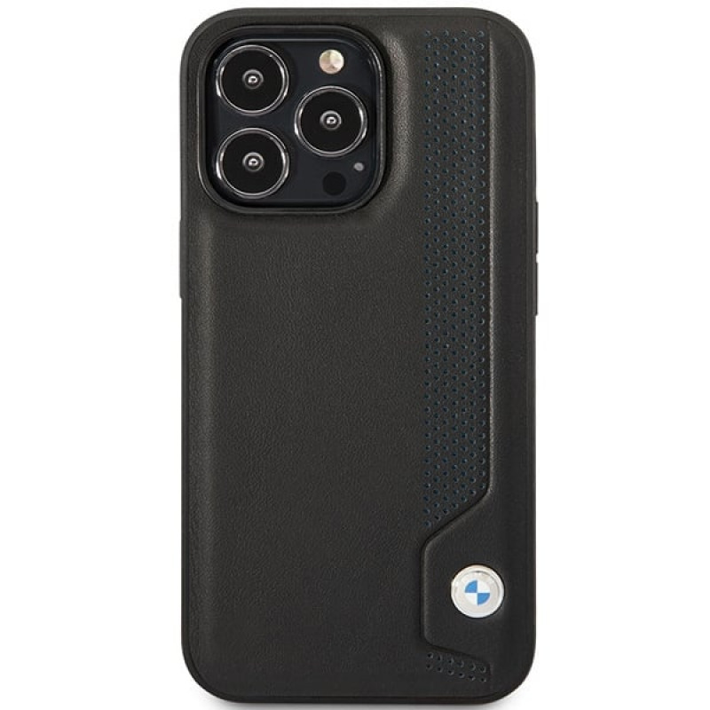 BMW BMHCP14X22RBDK Leather Blue Dots kova suojakuori puhelimelle iPhone 14 Pro Max 6,7", musta