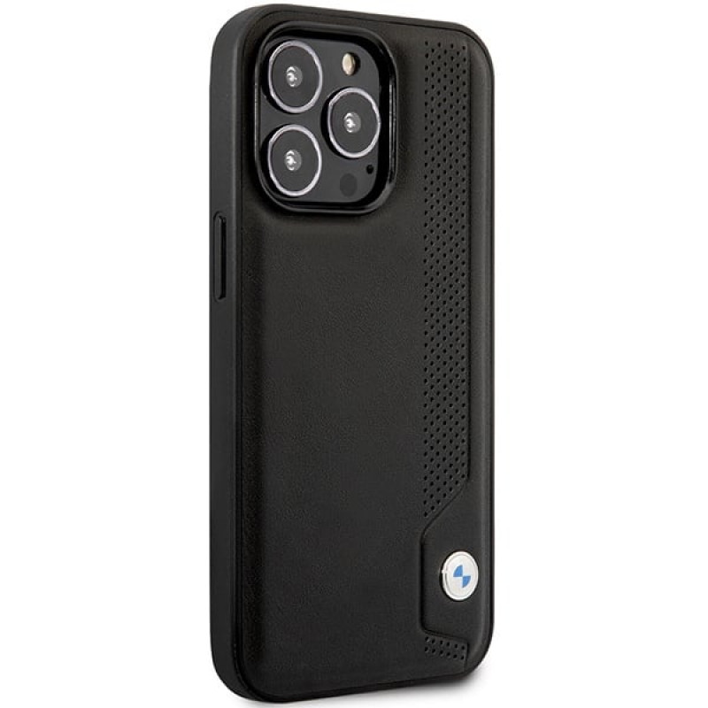 BMW BMHCP14X22RBDK Leather Blue Dots kova suojakuori puhelimelle iPhone 14 Pro Max 6,7", musta