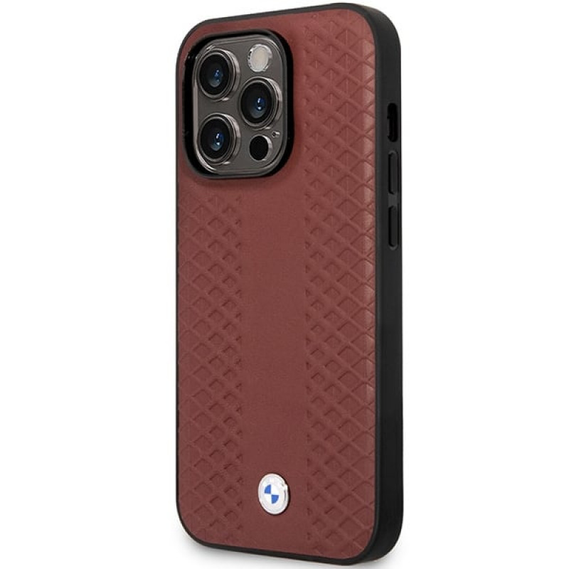 BMW BMHCP14L22RFGR Leather Diamond Pattern kova suojakuori puhelimelle iPhone 14 Pro 6,1", viininpunainen