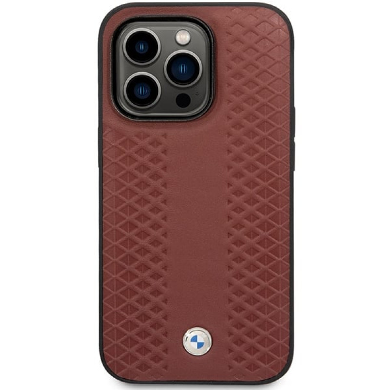 BMW BMHCP14X22RFGR Leather Diamond Pattern kova suojakuori puhelimelle iPhone 14 Pro Max 6,7", viininpunainen
