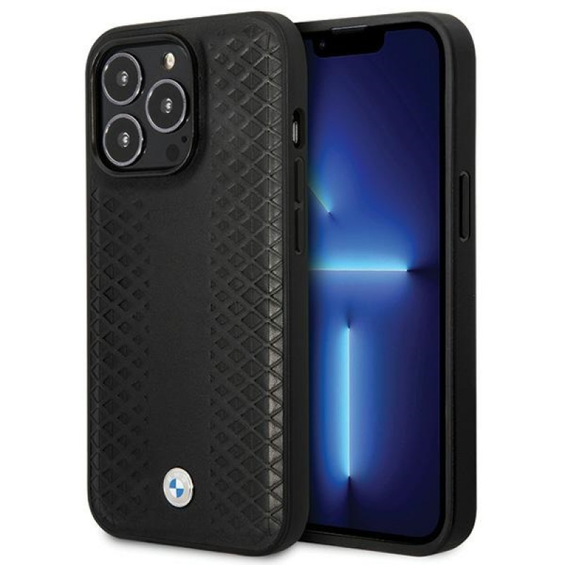BMW BMHCP14L22RFGK Leather Diamond Pattern kova suojakuori puhelimelle iPhone 14 Pro 6,1", musta