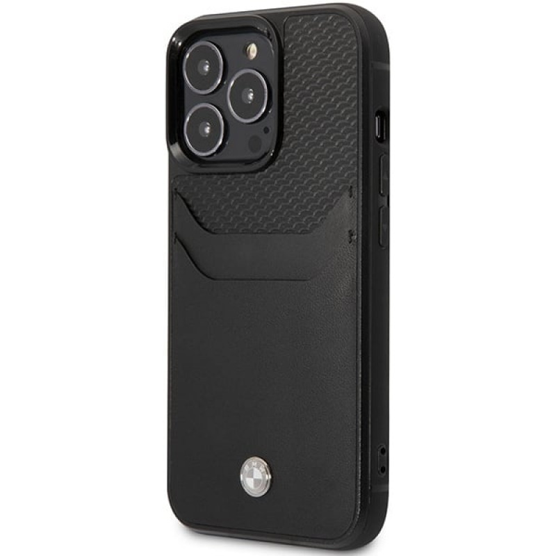BMW BMHCP14L22RSEPK suojakuori iPhone 14 Pro, musta, Leather Card Slot