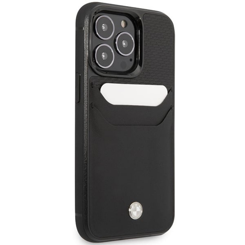 BMW BMHCP14L22RSEPK suojakuori iPhone 14 Pro, musta, Leather Card Slot