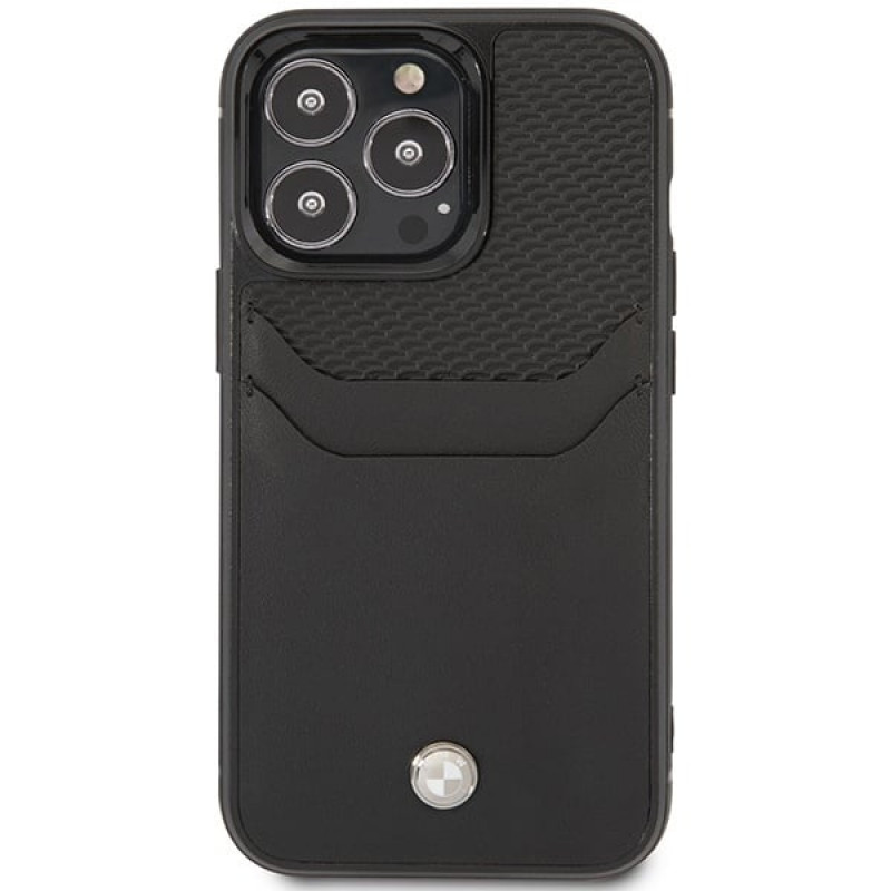 BMW BMHCP14X22RSEPK suojakuori iPhone 14 Pro Max, musta, Leather Card Slot