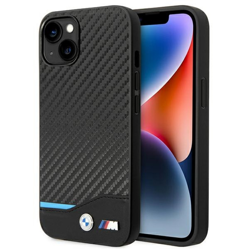 BMW BMHCP14M22NBCK suojakuori iPhone 14 Plus, musta, Leather Carbon