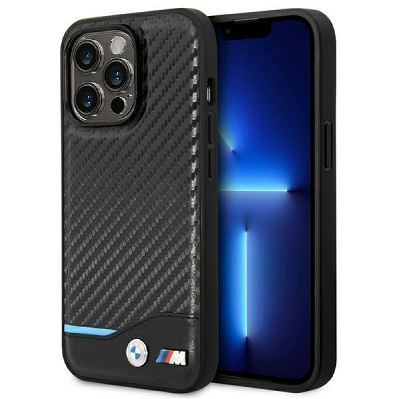 BMW BMHCP14L22NBCK suojakuori iPhone 14 Pro, musta, Leather Carbon