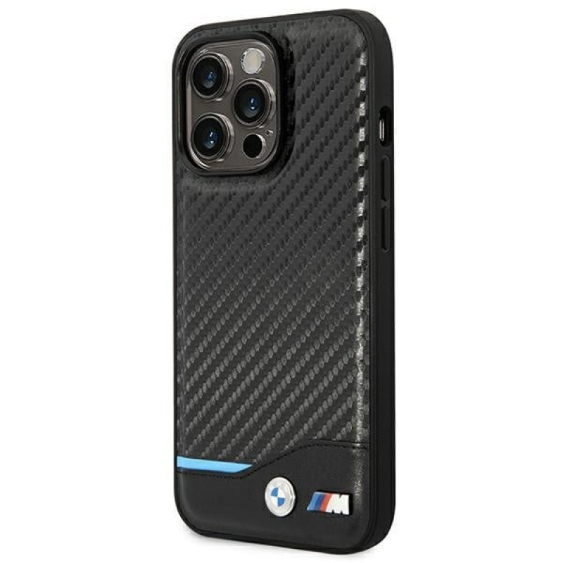 BMW BMHCP14L22NBCK suojakuori iPhone 14 Pro, musta, Leather Carbon