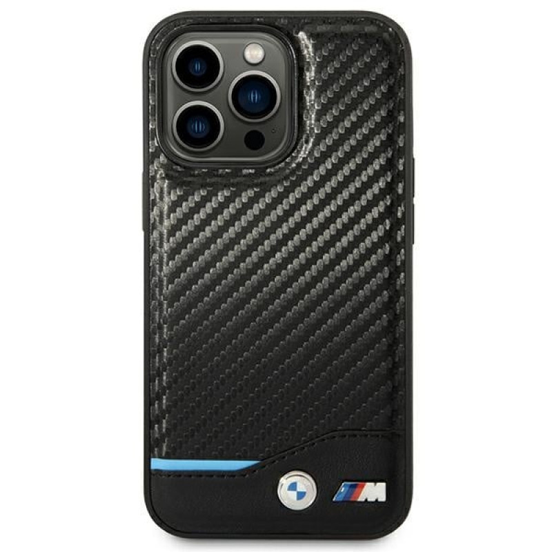 BMW BMHCP14L22NBCK suojakuori iPhone 14 Pro, musta, Leather Carbon