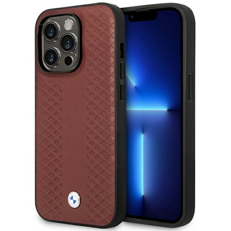 BMW BMHMP14L22RFGR Leather Diamond Pattern MagSafe suojakuori Apple iPhone 14 Pro 6,1″, viininpunainen