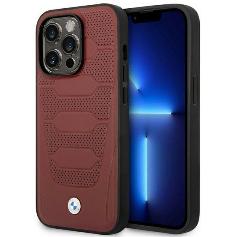 BMW BMHMP14L22RPSR Leather Seats Pattern MagSafe suojakuori Apple iPhone 14 Pro 6,1″, viininpunainen