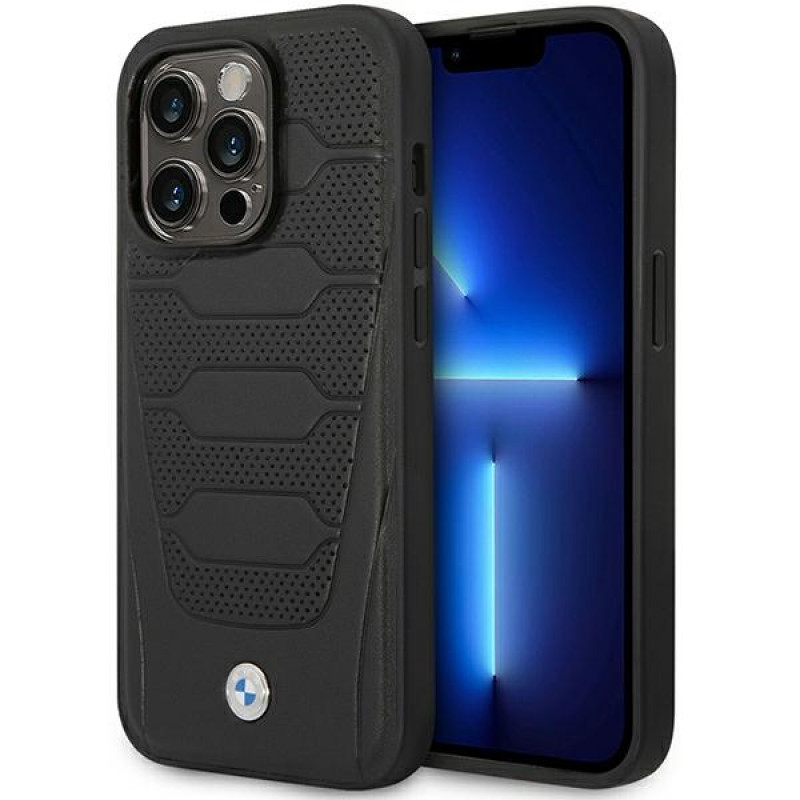 BMW BMHMP14L22RPSK Leather Seats Pattern MagSafe suojakuori Apple iPhone 14 Pro 6,1″, musta