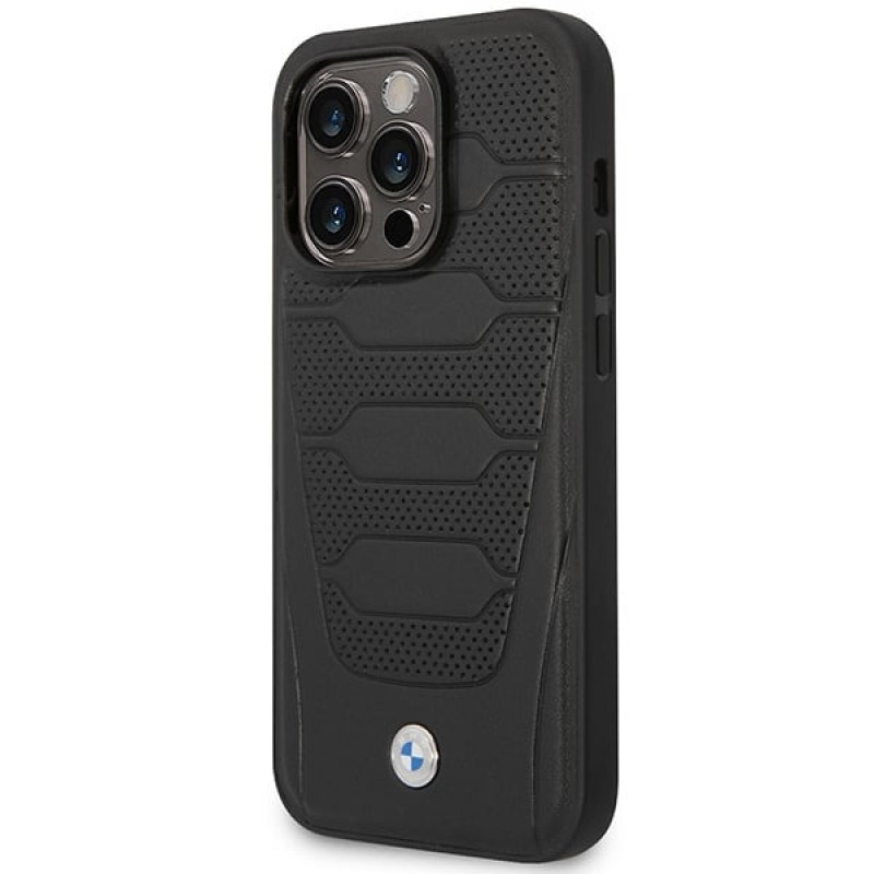 BMW BMHMP14L22RPSK Leather Seats Pattern MagSafe suojakuori Apple iPhone 14 Pro 6,1″, musta