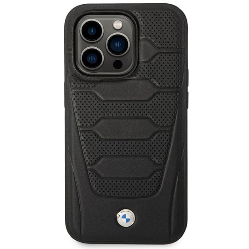 BMW BMHMP14L22RPSK Leather Seats Pattern MagSafe suojakuori Apple iPhone 14 Pro 6,1″, musta