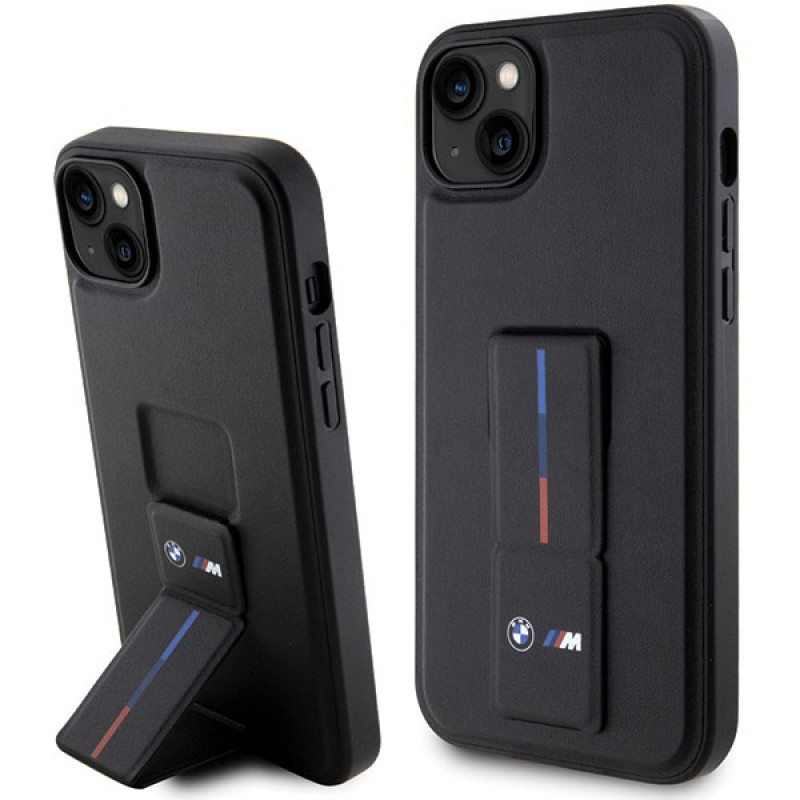 BMW BMHCP14M22GSLK Grip Stand Hot Stamp kova suojakuori, sopii malliin Apple iPhone 14 Plus / 15 Plus, musta