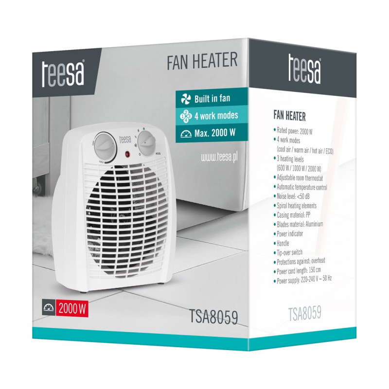 Teesa TSA8059 puhallinlämmitin, 0,8/1,2/2 kW, valkoinen