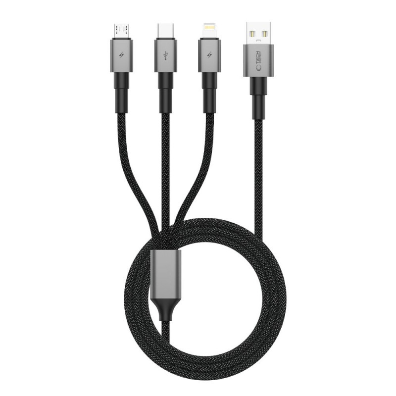 Tech-Protect UltraBoost DNA 3-in-1-kaapeli USB-A - Lightning / USB-C / Micro-USB, 3 A, 120 cm, rautaharmaa