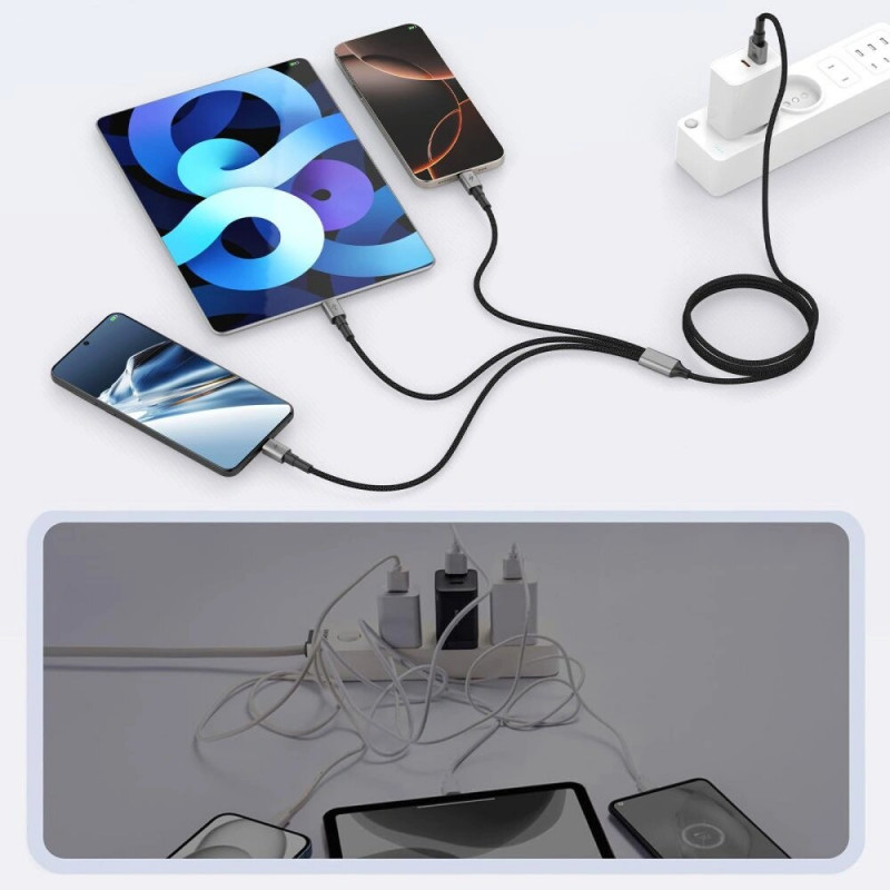 Tech-Protect UltraBoost DNA 3-in-1-kaapeli USB-A - Lightning / USB-C / Micro-USB, 3 A, 120 cm, rautaharmaa