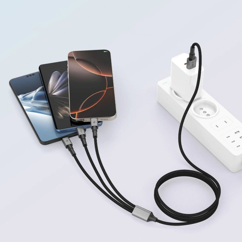 Tech-Protect UltraBoost DNA 3-in-1-kaapeli USB-A - Lightning / USB-C / Micro-USB, 3 A, 120 cm, rautaharmaa